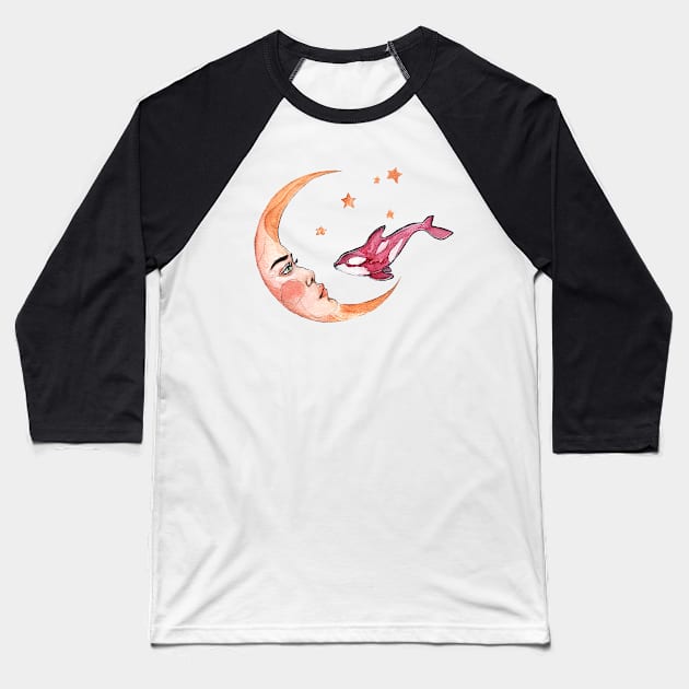 Moon and Orca Baseball T-Shirt by TatianaBS